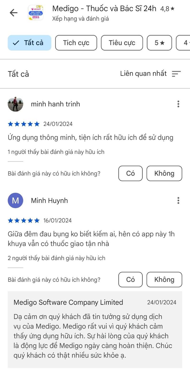 đánh giá app Medigo trên Google Play